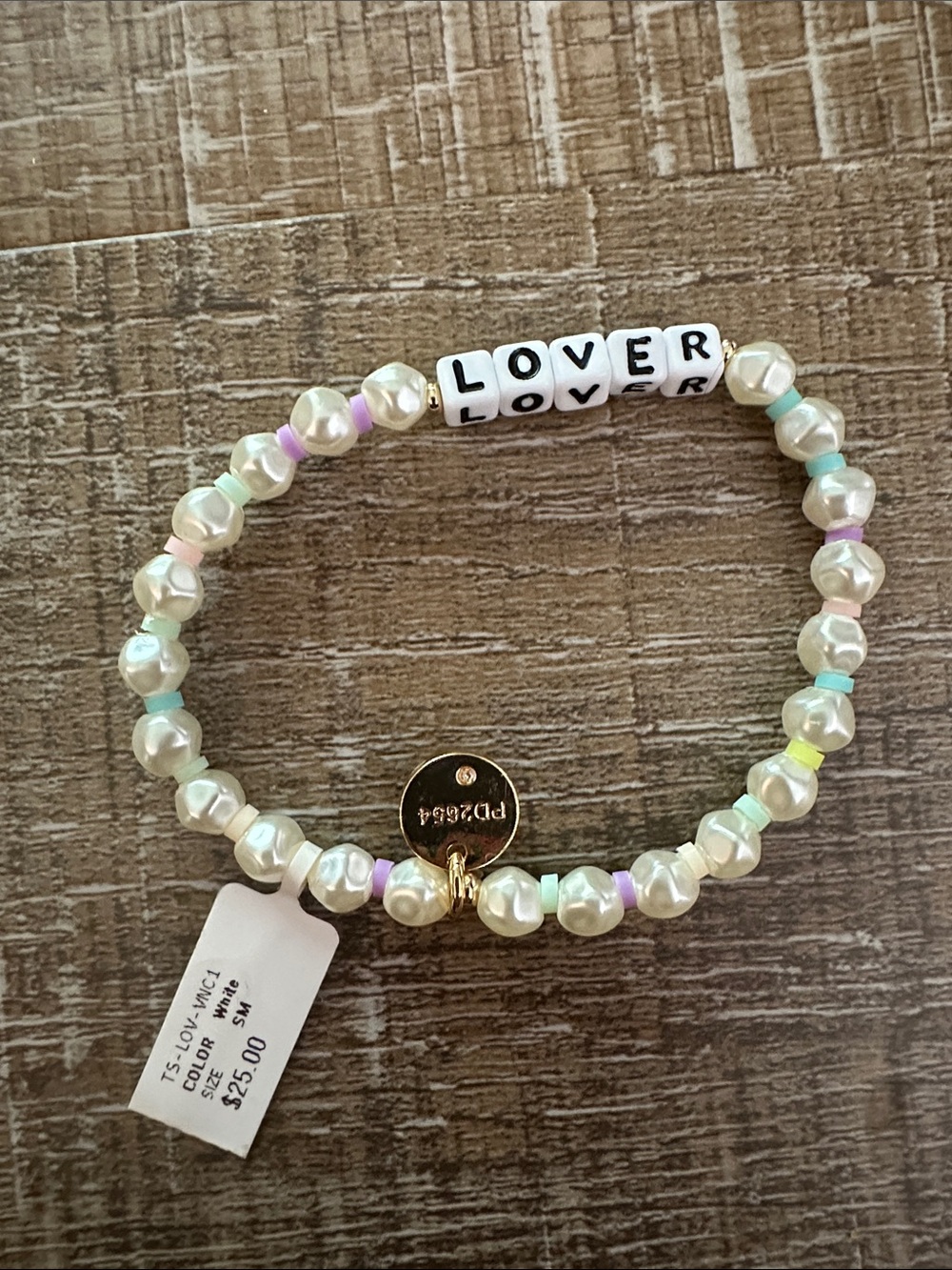 Iridescent Pearl 'LOVER' Stretch Bracelet with Gold Charm - White